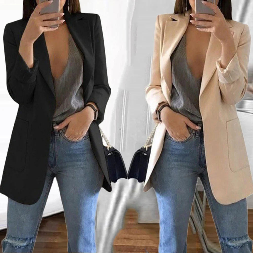 Elegant jacket Suit Single office Casual British Professional Womens Buttonless suit collar pocket simple coat top 240306
