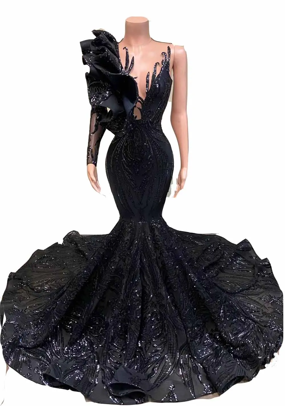Sexy Elegant Prom Dresses Mermaid Long Sleeve Black Sequined Lace applique Jewel Neck Ruffles African Girl Gala Evening Party gowns Sequins One Should