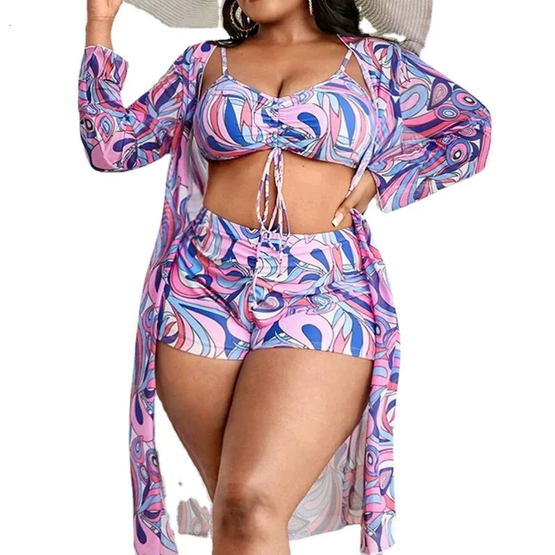 2024 Plus Big Size Swimwear For Women Swimsuit Large Bathing Suits Three-Piece Push Up Bikini Set Sexy Separate Stylish 240309