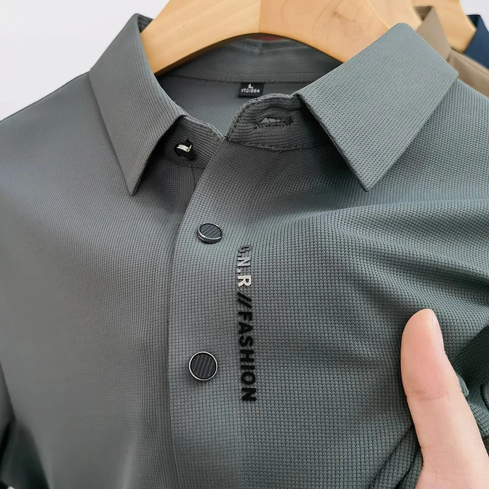 Men's Polos Waffle Men High-end Short-sleeved T-shirt Summer Light Ice Silk Business Seamless Lapel Polo Shirts Thin Section 240304
