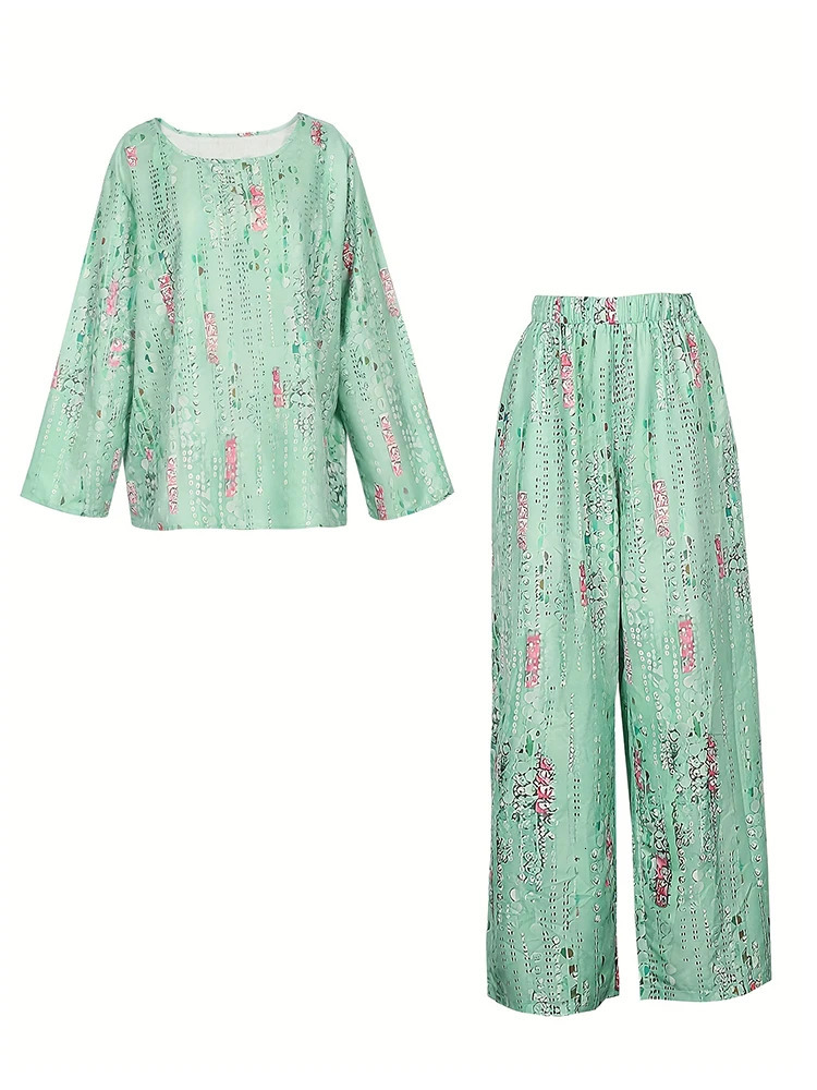 Womens Plus Size 2 Piece Outfits Floral Long Sleeve Crew Neck T Shirts Wide Leg Pants Matching Lounge Sets Casual Tracksuit 240307