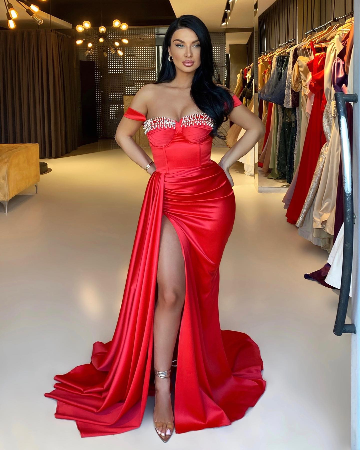 Sexy Red Mermaid Prom Dress Beads Neck Off Shoulder Pleats Waist Formal Evening Elegant Dresses For Special Ocns Split Robe De Soiree Lz0304