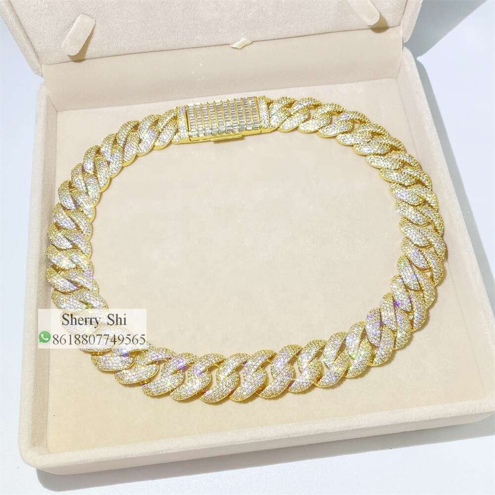 Fully Iced Pass Diamond Tester Mens Miami Cuban Necklace Custom Lock Baguette Moissanite Chain
