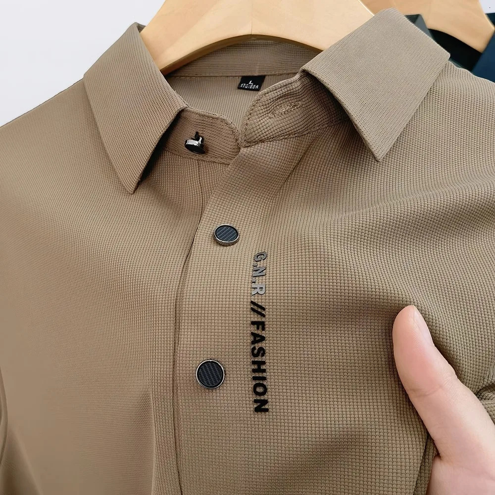 Men's Polos Waffle Men High-end Short-sleeved T-shirt Summer Light Ice Silk Business Seamless Lapel Polo Shirts Thin Section 240304