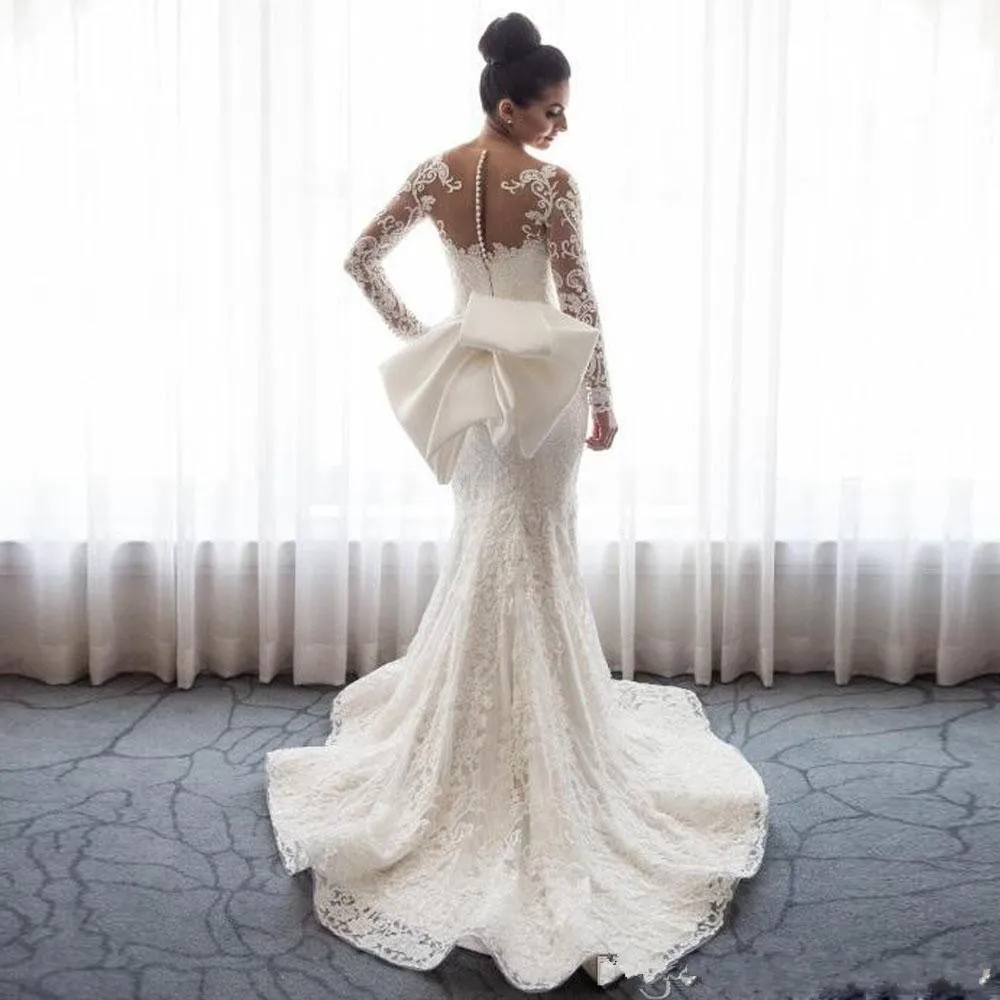 Mermaid Wedding Dresses Sheer Neck Long Sleeves Illusion Full Lace Applique Bow Overskirts Button Back Chapel Train Bridal Gowns 6660305