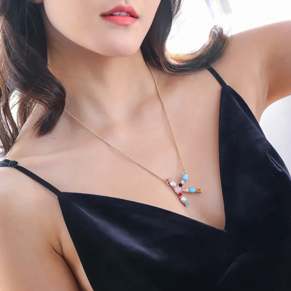 26 English Letter Necklace Womens Bohemia Style Colored Necklace AAA Cubic Zircon Clavicle Chain for Girls
