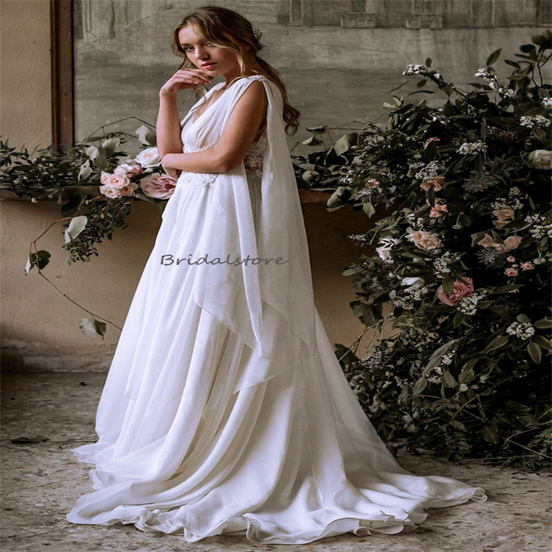 Fairy Celtic Boho Wedding Dress With Cap Sleeves Sexy Sheer Neck Backless Chiffon Beach Bride Dress Lace Whimsical Gatsby Bridal Robe De Mariee 2024 V