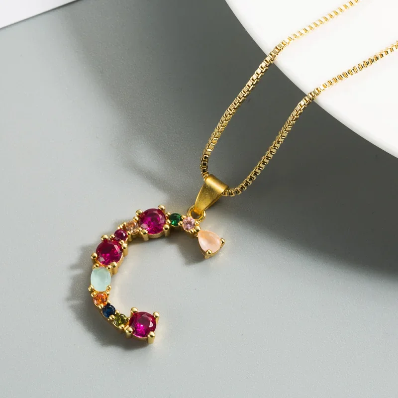 26 English Letter Necklace Womens Bohemia Style Colored Necklace AAA Cubic Zircon Clavicle Chain for Girls