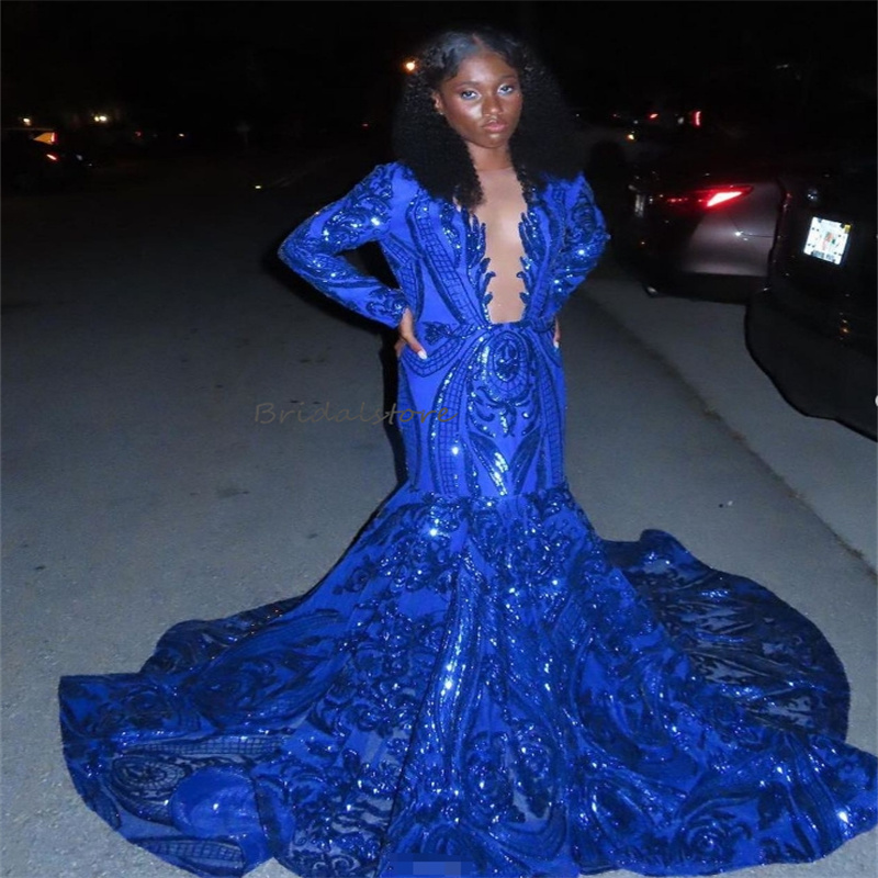 Fashion Royal Blue Sequin Prom Dresses For Black Girls Shinny Long Sleeve Mermaid Evening Dress 2024 Sheer Neck Plus Size Formal Dresses Glitter Birth