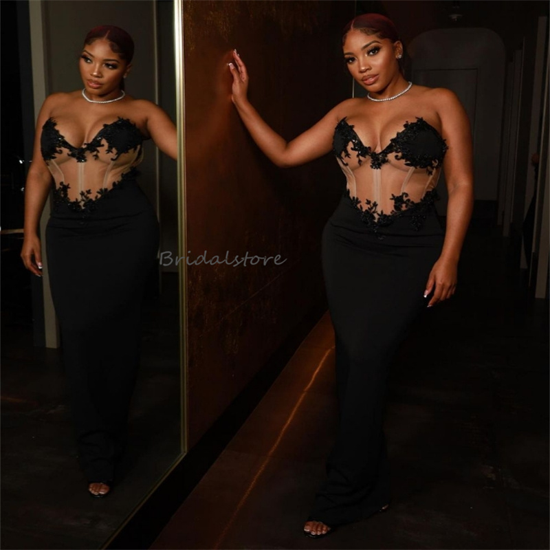 Unique See Through Mermaid Prom Dresses 2024 Sweetheart Black Girls Evening Dress With Appliques Lace Elegant Dance Formal Birthday Holiday Party Dres