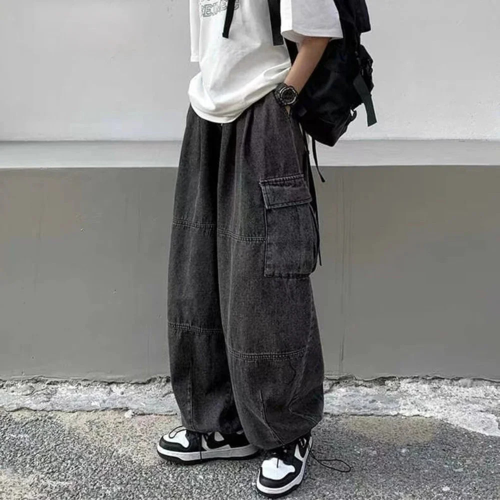 2023 Spring Autumn Trousers Y2K Baggy Jeans for Men Wide Leg Pants Pockets Elastic Waist Streetwear Loose Comfortable 240301