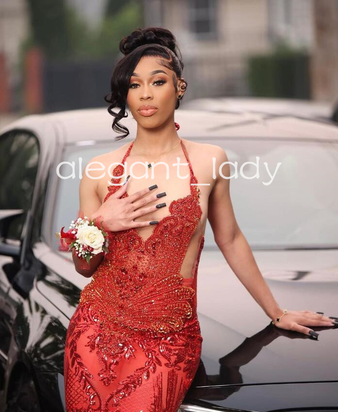 Sparkly Red Long Mermaid Prom Formal Dresses for Women 2024 Luxury Diamond Applique Black Girl Evening Birthday Gala Dress