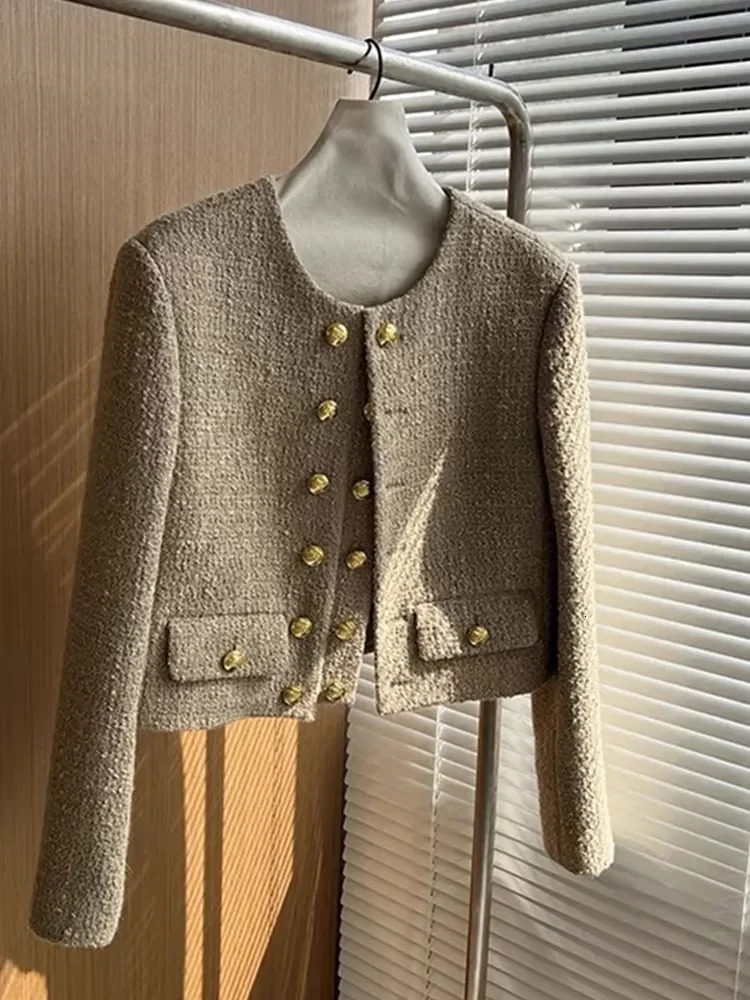 High End Elegant Tweed Jacket Coat Women Autumn Winter Long Sleeve Oneck Double Breasted Woolen Outwear French Runway Tops 240307