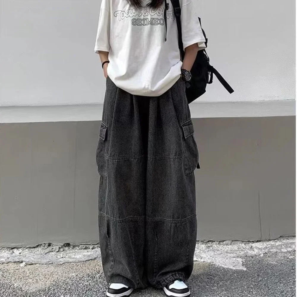 2023 Spring Autumn Trousers Y2K Baggy Jeans for Men Wide Leg Pants Pockets Elastic Waist Streetwear Loose Comfortable 240301