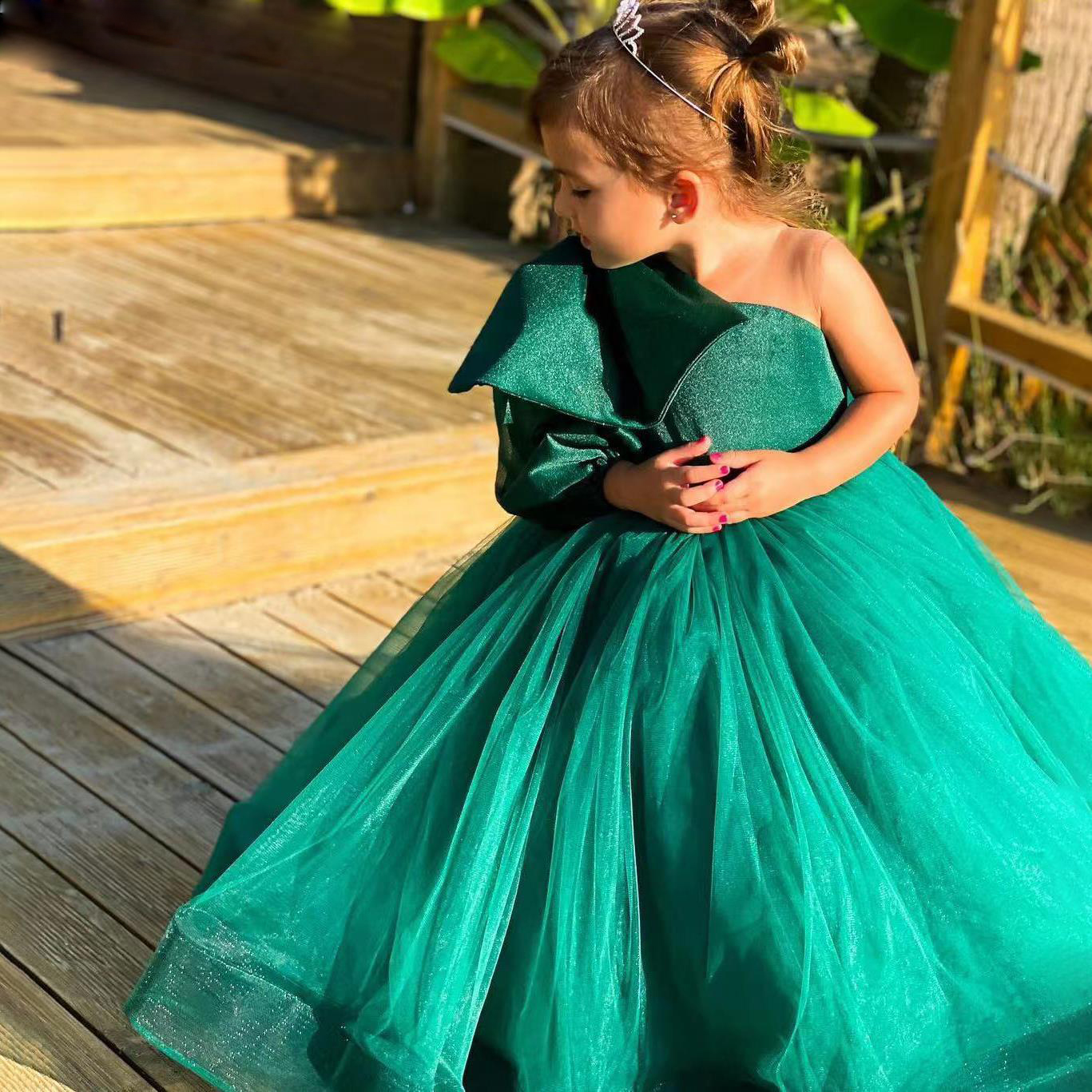 Dark Green Toddler Party Dresses One Shoulder With Bow Tie Kids Formal Wear Glitter Puffy Tulle Tutu Child Birthday Dress