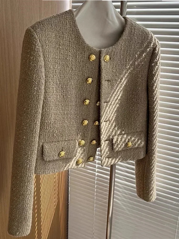 High End Elegant Tweed Jacket Coat Women Autumn Winter Long Sleeve Oneck Double Breasted Woolen Outwear French Runway Tops 240307