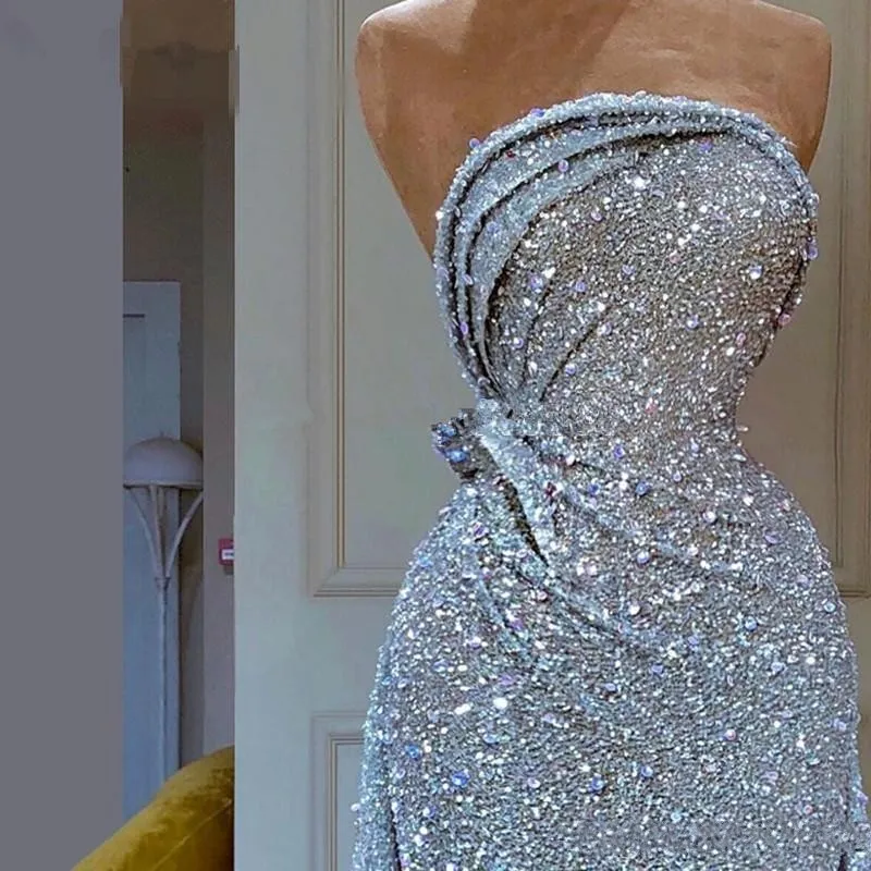 Sequin Lace Mermaid Evening Dress, Strapless Sleeveless Crystal Beads Prom Gown