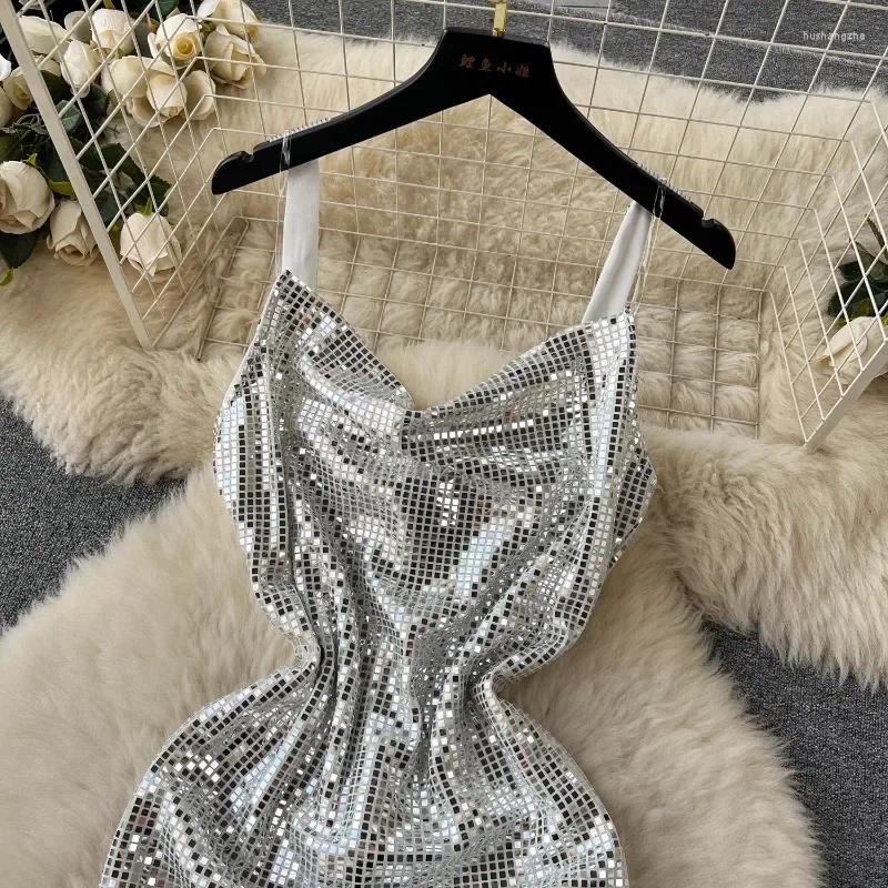 Casual Dresses Summer Fashion Light Luxury Temperament V-neck Celebrity Suspender Dress Womens High-waist Slim Sequined A-line Skirt