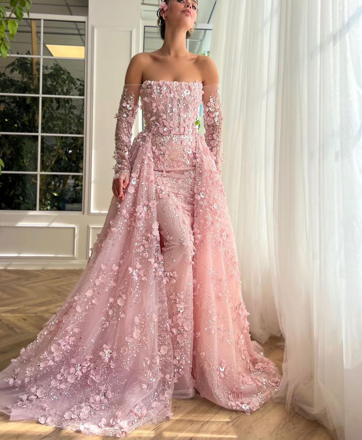 Romantic Off Shoulder Evening Dresses Sequins Mermaid Prom Gowns with Overskirts 3D-ral Appliques Long Sleeve Custom Made Party Dress