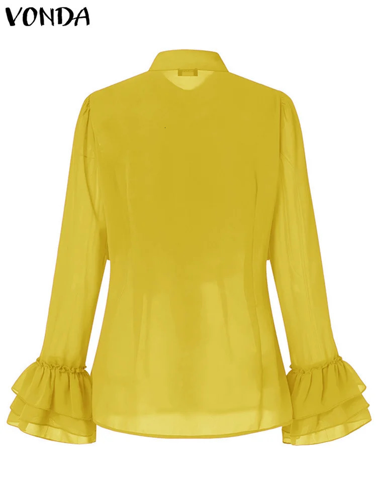 VONDA Women Tops Fashion Ruffled Blouses Stand Collar Tunic Autumn Loose Long Sleeve Button Elegant Party Blusas Femininas 240329