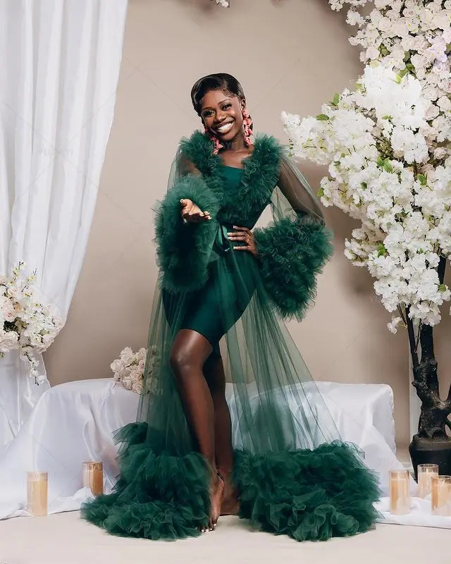 Green Two Pieces Bridal Robe for Wedding Fluffy Tulle Photoshoot Pregnancy Pajamas Women Wedding Party Babyshower Bathrobe