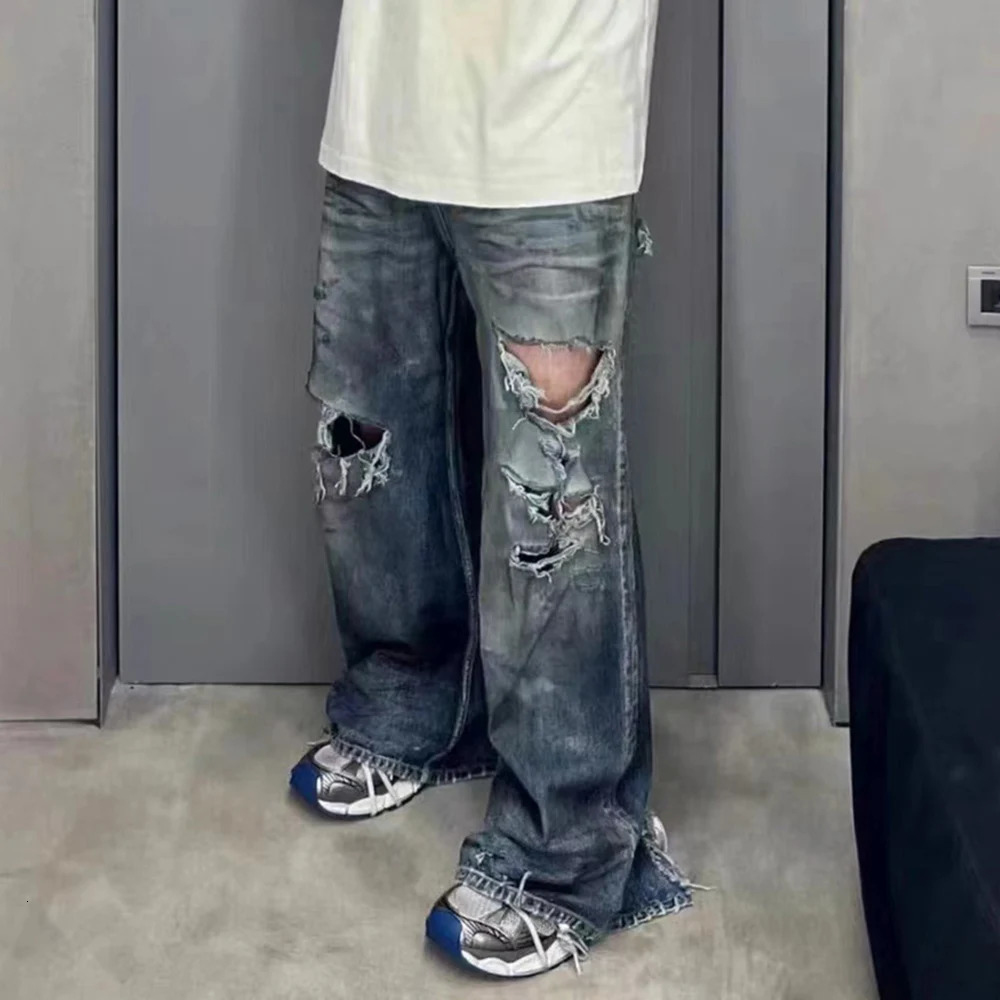 Frayed Damaged Hole Baggy Wide Leg Jeans for Men and Women Streetwear Casual Ropa Hombre Denim Trousers Oversized Cargo Pants 240304