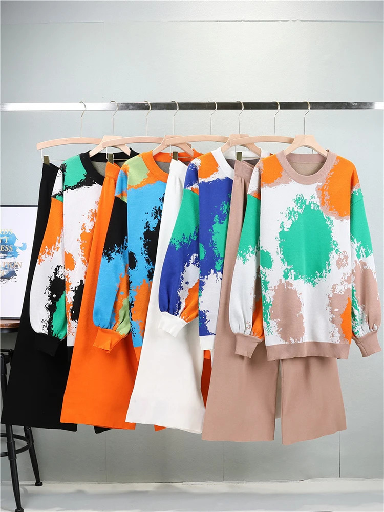 Tie Dye Pullover Sweater 2 Piece Sets Women Print Casual Knitwear Jumper Conjunto High Waist Solid Knit Wide Leg Pant Outfit 240301