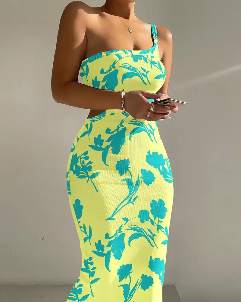 2024 Sexy Dres Spring Summer Elegant Ombre One Shoulder Tie Dye Cutout Ribbed Bodycon Midi Dress Casual Spicy Girl 240228