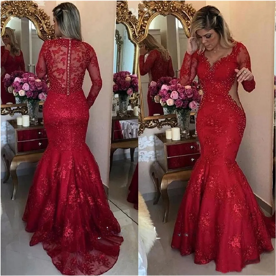 Red Lace Mermaid Evening Dress Long Sleeve V Neck Prom Gown with Crystal Pearls & Sheer Back