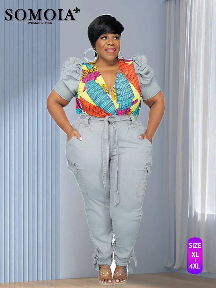 5XL Plus Size Womens Sets Denim Street Two Piece Set Puff Sleeve Patchwork Print Top and Jeans Matching Suit Wholesale Items 240307