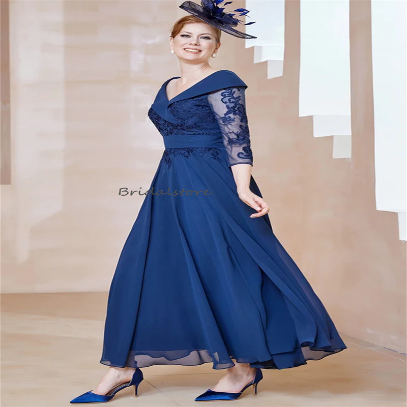 Elegant Blue Mother Of The Bride Dresses Tea Length Boho Chiffon Wedding Guest Dress With Sleeves Off Shoulders A Line Appliques Lace Mom Evening Form