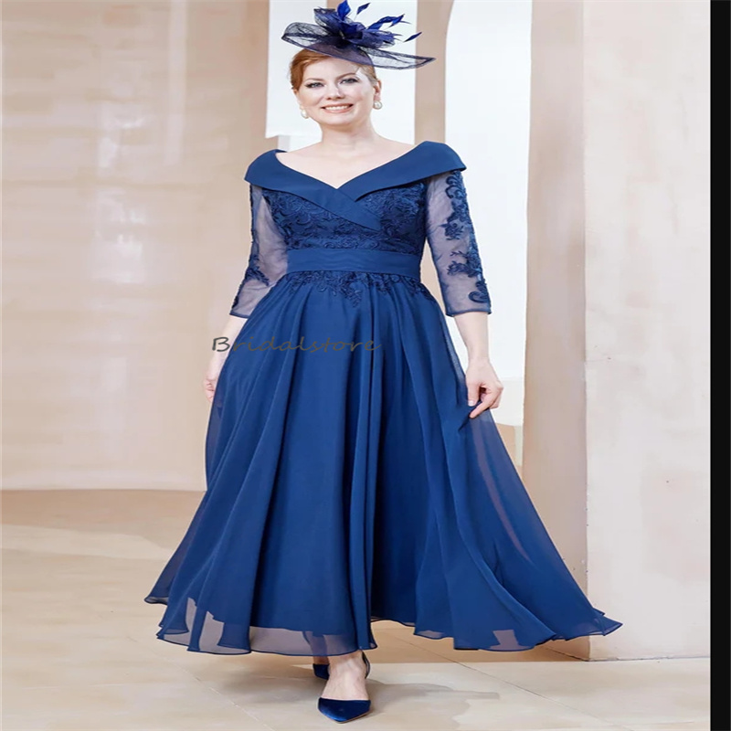 Elegant Blue Mother Of The Bride Dresses Tea Length Boho Chiffon Wedding Guest Dress With Sleeves Off Shoulders A Line Appliques Lace Mom Evening Form
