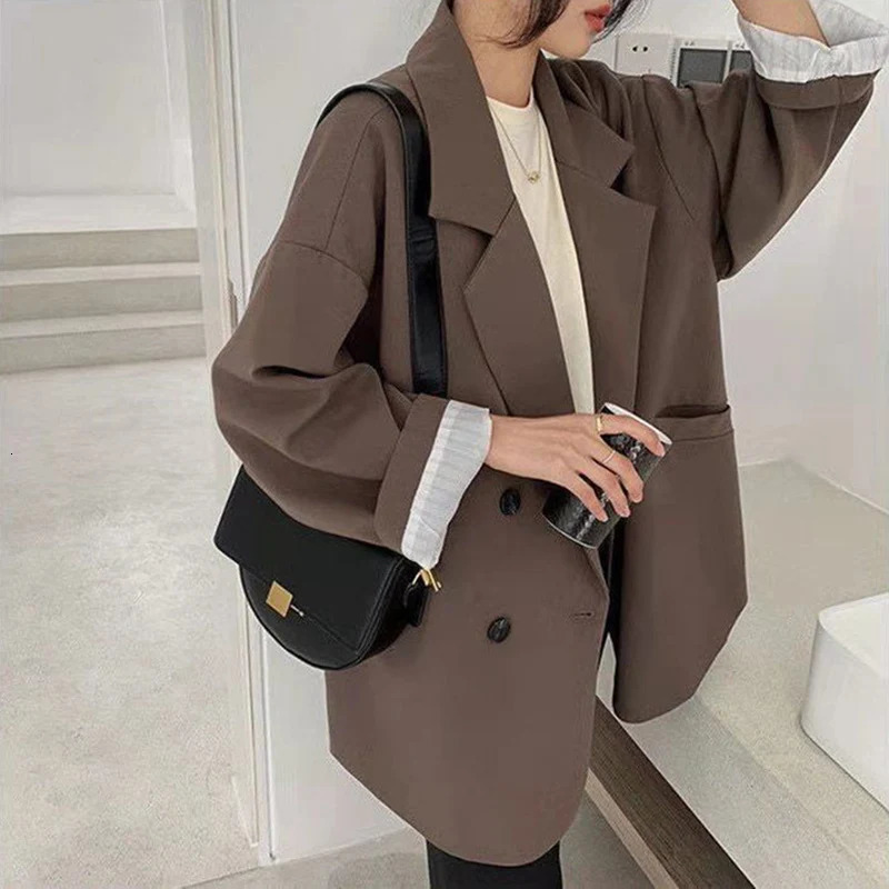 Vintage Blazers Women Elegant Solid Loose Coat Spring Fall Casual Oversized Suit Office Lady Work Long Sleeve Minimalist Jacket 240306
