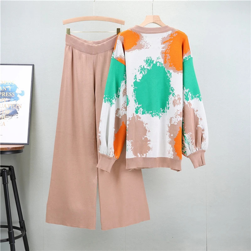 Tie Dye Pullover Sweater 2 Piece Sets Women Print Casual Knitwear Jumper Conjunto High Waist Solid Knit Wide Leg Pant Outfit 240301