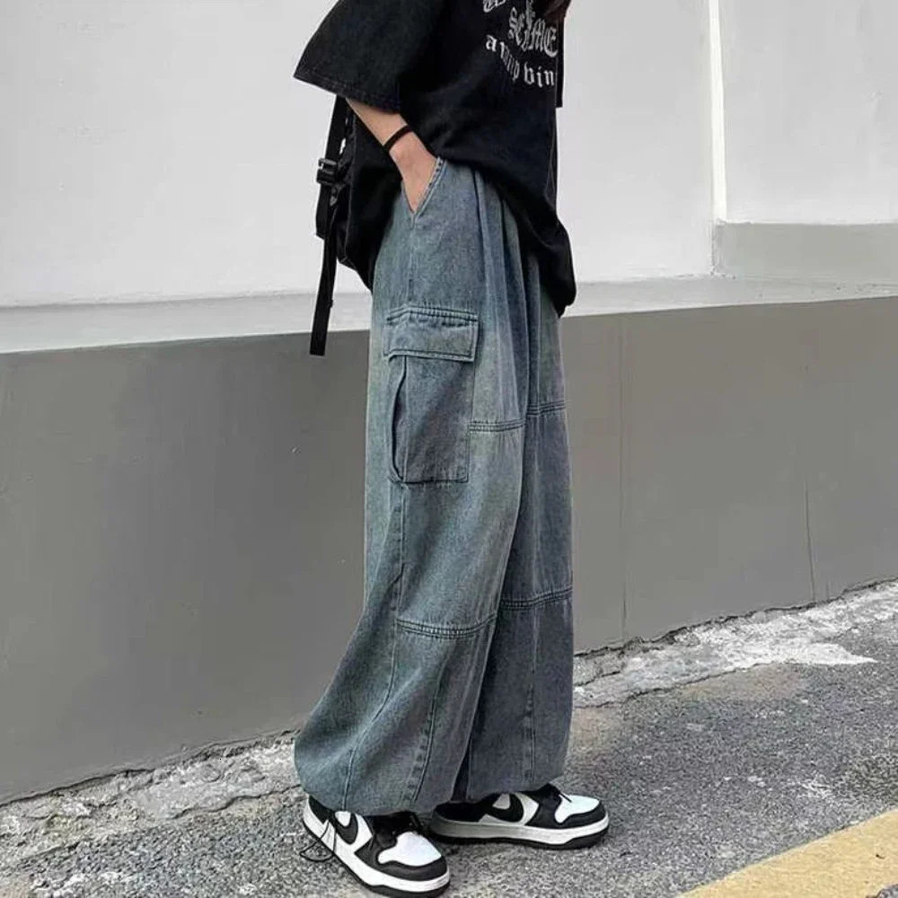 2023 Spring Autumn Trousers Y2K Baggy Jeans for Men Wide Leg Pants Pockets Elastic Waist Streetwear Loose Comfortable 240301