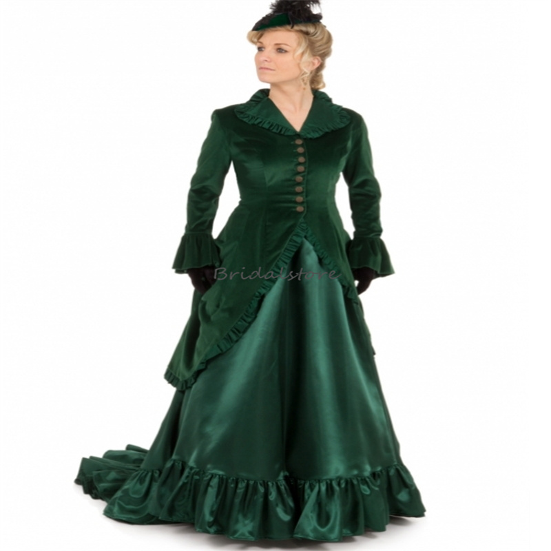 Duchess Green Medieval Evening Dress Victorian Velvet Bustle Civil War Southern Belle Prom Dress Vintage Long Sleeve Formal Party Vestidos De Noche Du