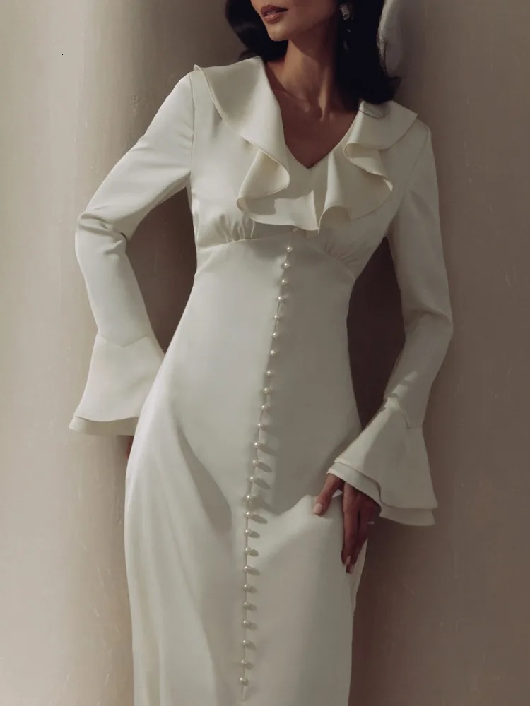 TARUXY Ruffle V Neck Elegant Dress For Women Slim Long Sleeve High Waist Temperament Dresses Femme Party Slit Long Dress Woman 240311