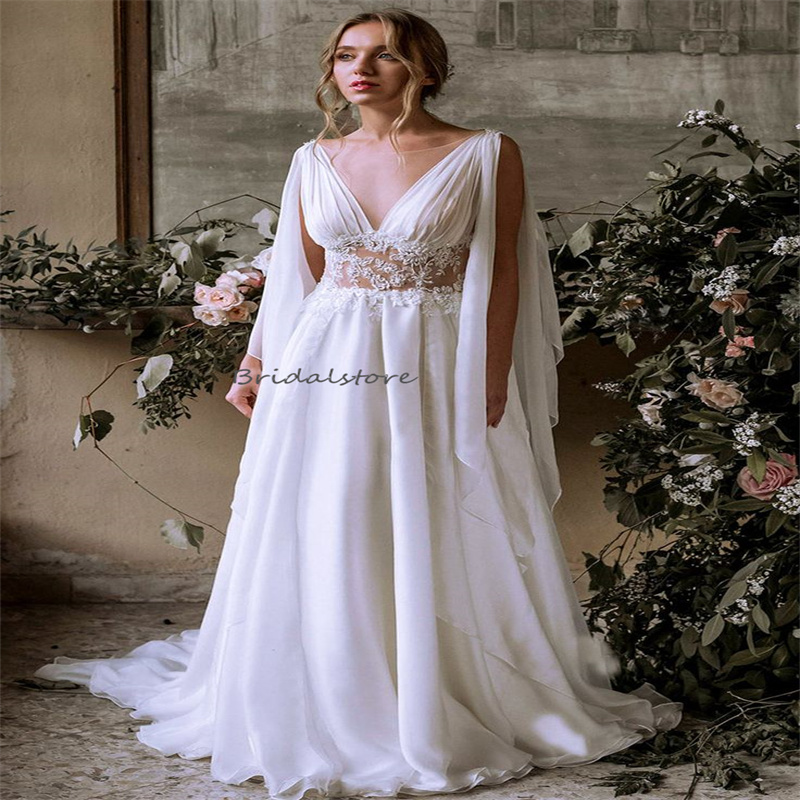 Fairy Celtic Boho Wedding Dress With Cap Sleeves Sexy Sheer Neck Backless Chiffon Beach Bride Dress Lace Whimsical Gatsby Bridal Robe De Mariee 2024 V