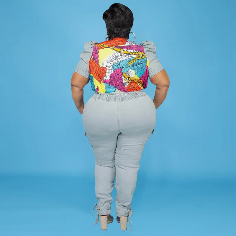 5XL Plus Size Womens Sets Denim Street Two Piece Set Puff Sleeve Patchwork Print Top and Jeans Matching Suit Wholesale Items 240307