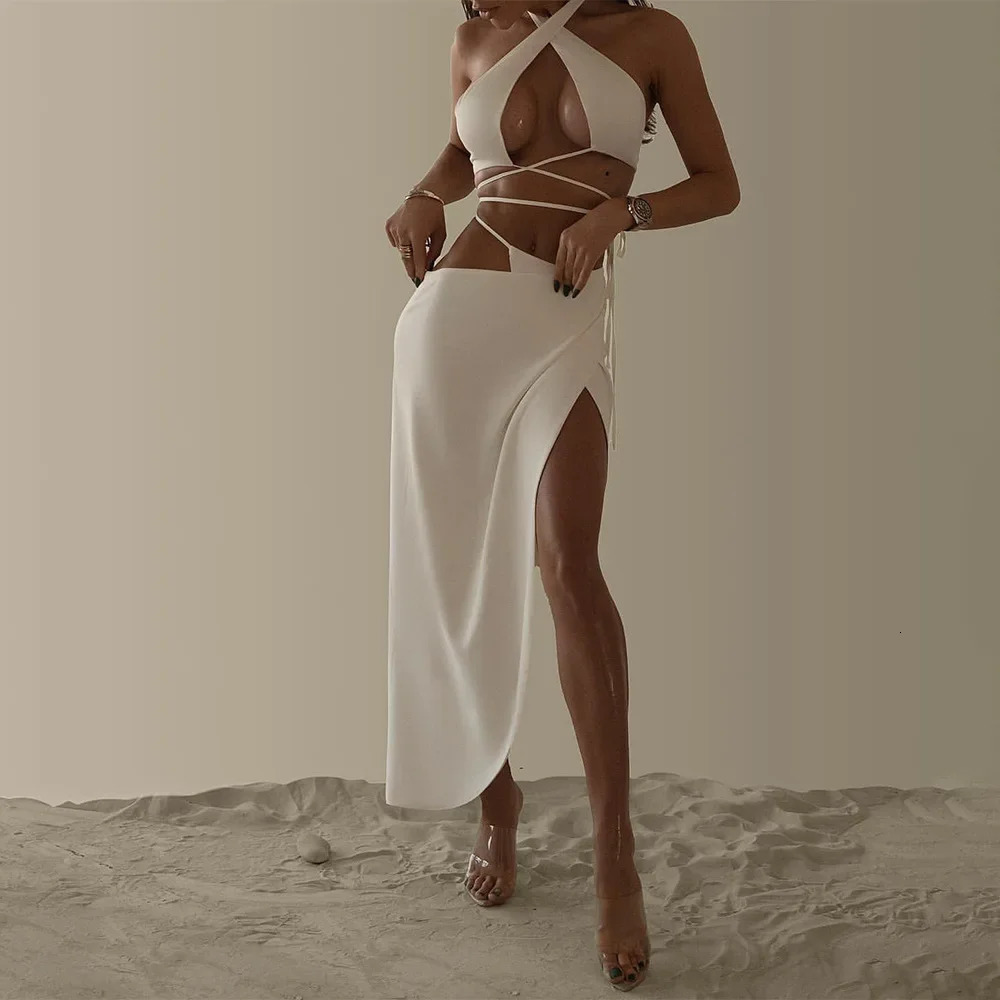 Halter Waistcoat Exposed Navel Top Split Skirt Two-piece Fashion Suit Summer Womens Dress 240328