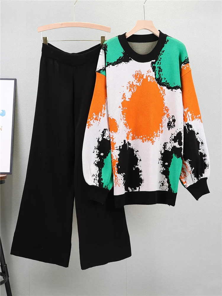 Tie Dye Pullover Sweater 2 Piece Sets Women Print Casual Knitwear Jumper Conjunto High Waist Solid Knit Wide Leg Pant Outfit 240301