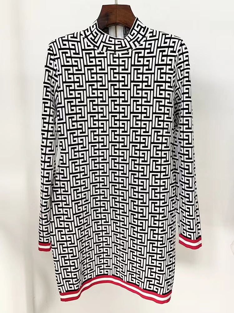 Milan Runway Dress 2024 Print Crew Neck Long Sleeves Slim Letter Print Long Dresses Holiday Vestidos De Festa 31316