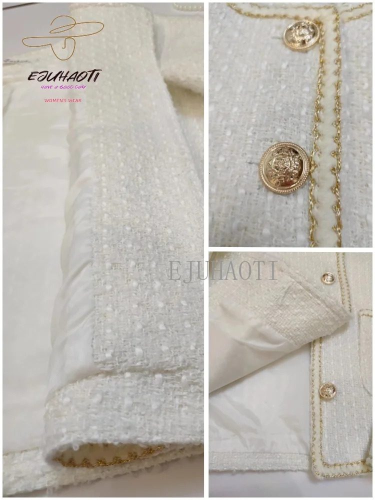 Womens Jacket Small Fragrance Coat Autumn Winter Korean Fashion Off White French Short Style Tweed Tops 240307