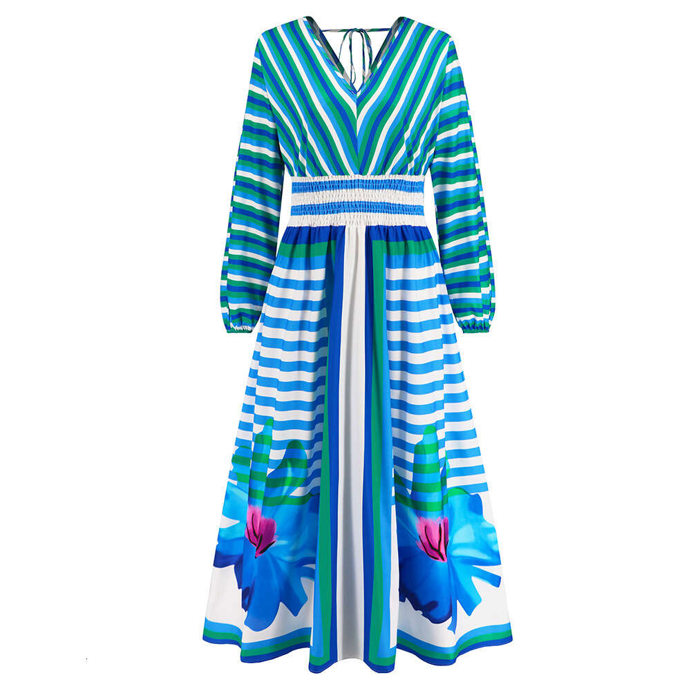 2024 New Women's Sleeved V-neck Large Swing A-line Printed Dress Slim Fit Long Skirt