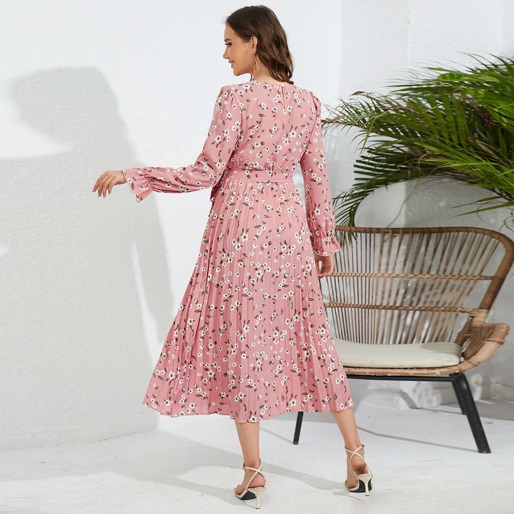 Women's New Ruffle Edge 100 Pleated Round Neck Mid Length Slim Fit Style Fragmented Flower Dress