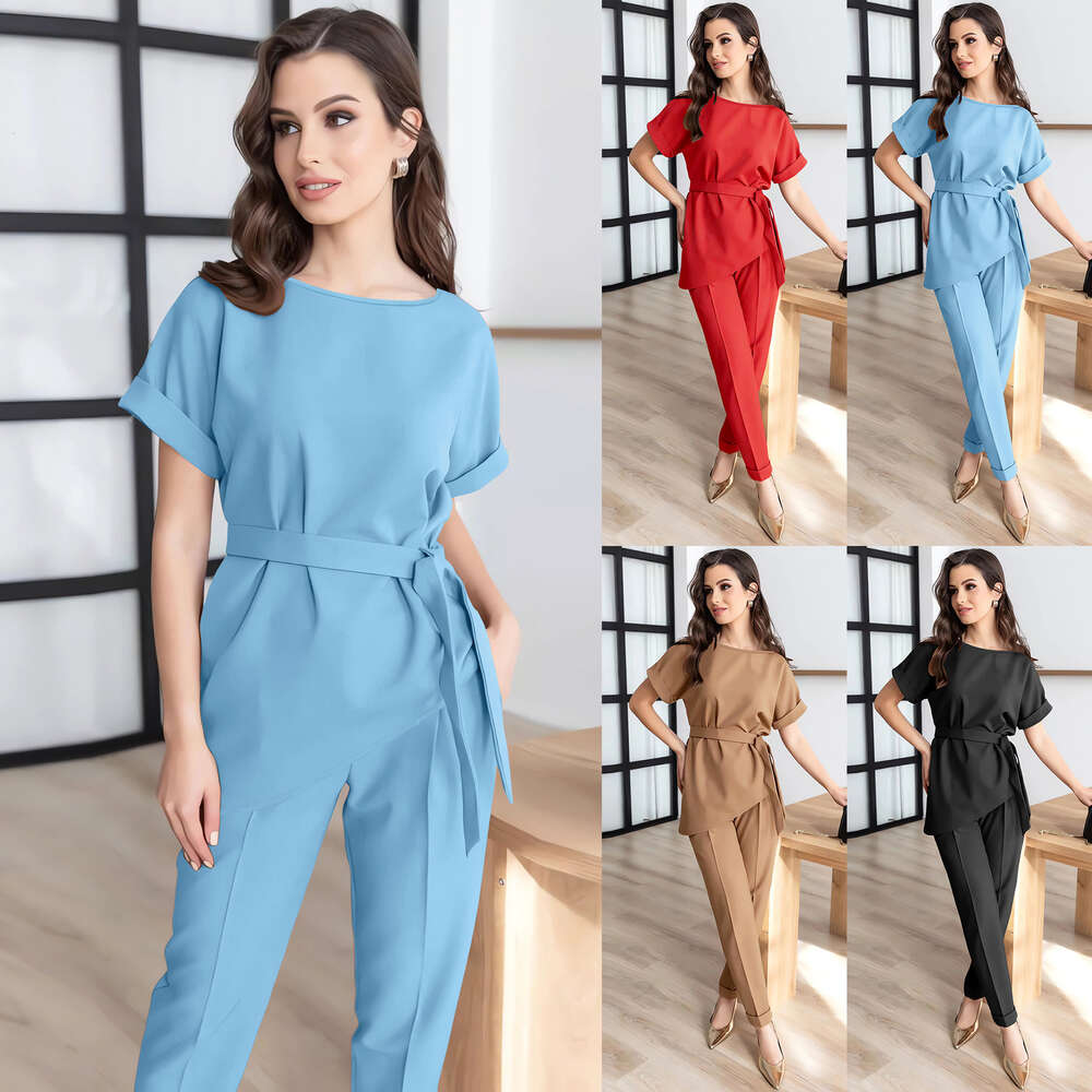 Women's Round Neck Slanted Edge Suit Belt Top Small Leg Fashion Casual Long Pants Set