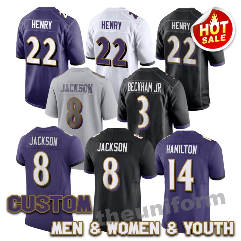 2025 Custom Mens 22 Derrick Henry 8 Jackson American Football Jerseys 3 Beckham Jr 14 Hamilton 9 Tucker 52 R.Lewis Womens Youth Football Jersey Stitched S-5XL