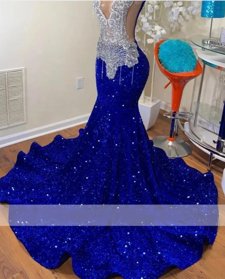 Sparkly Royal Blue Diamonds Mermaid Prom 2024 Glitter Sequins Lace Sheer Tulle Bead Crystal Rhinestones Vestidos De Fiesta Formal Party Evening Dress 