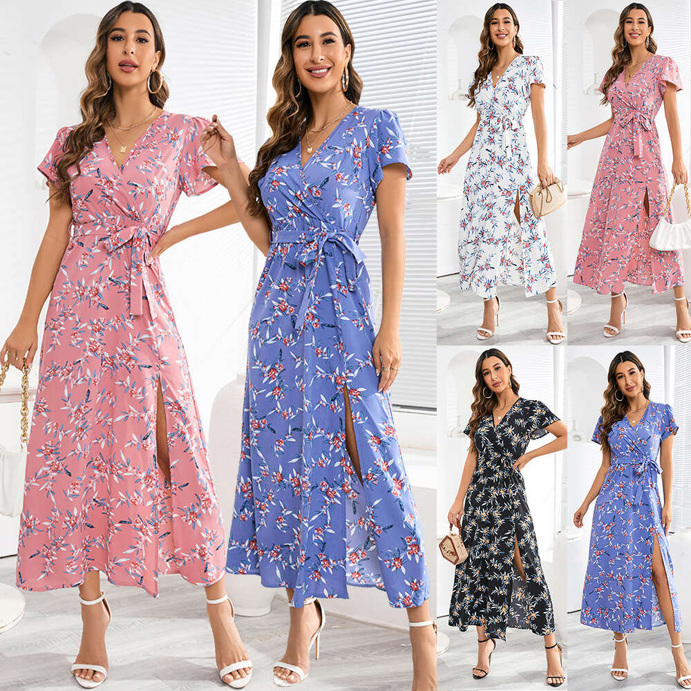 Sexy Bohemian V-neck Floral Slit Skirt 2024 Summer Women's Oversized Chiffon Dress