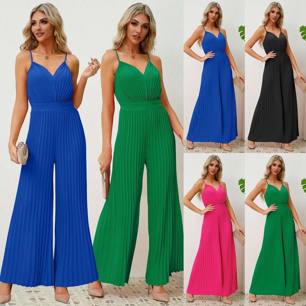 Fashionable Women's Temu Tiktok 2024V Neck Strap Pleated Jumpsuit